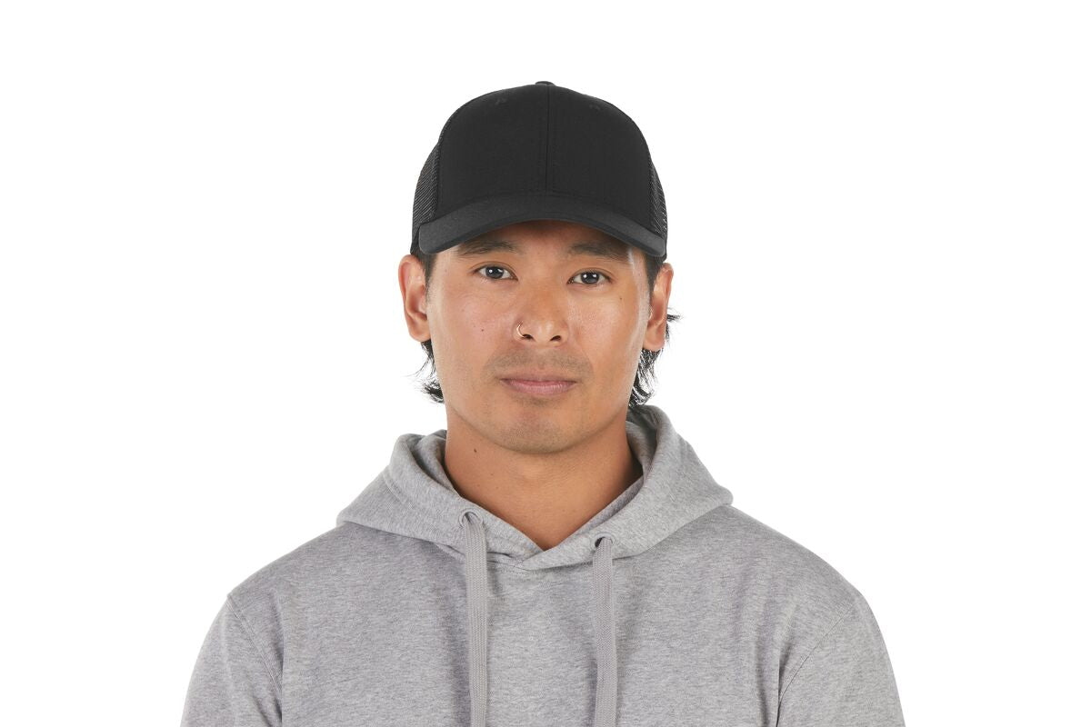 recycled-poly-low-profile-trucker-hat-l0 WebPDP-HAT002002_Recycled_Poly_Low_Profile_Trucker_Hat_Black_Studio_Harper_Studios_0723_Front__HAT002002OS.jpg